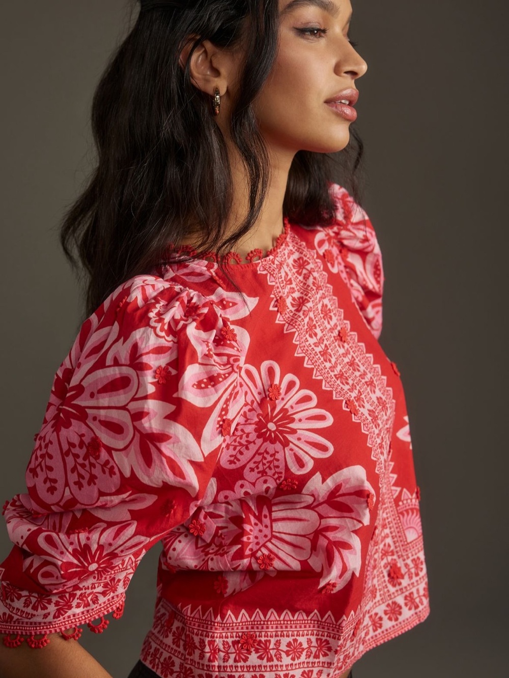 Farm Rio Flora Tapestry Blouse Puff Sleeve Peasant Boho Statement Bold Red XS - Picture 2 of 16